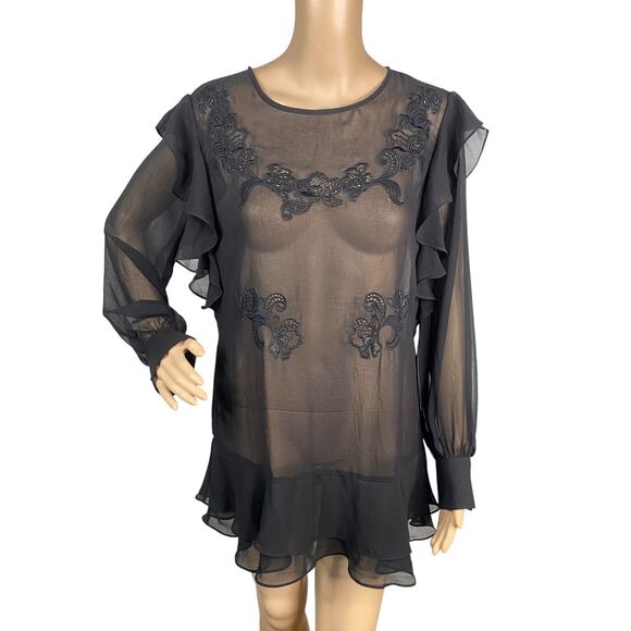 White House Black Market Sheer Lace Applique Ruffle Witchy Tunic Top SZ 4 - Picture 4 of 11